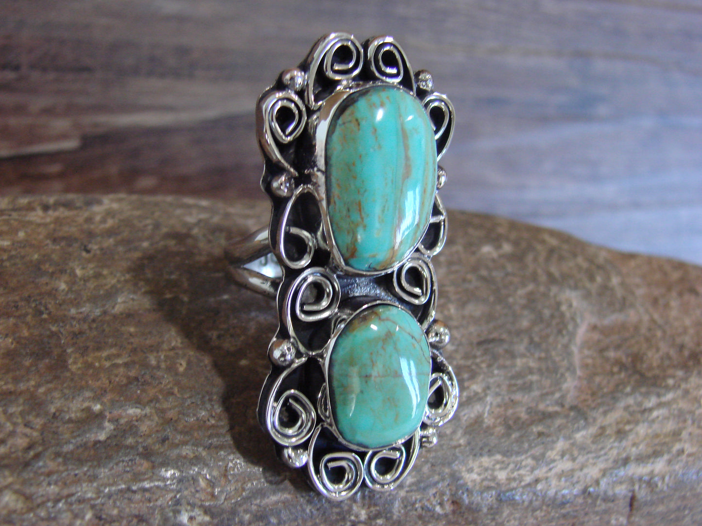 Native American Nickel Silver & Turquoise Ring by Cleveland - Size 9