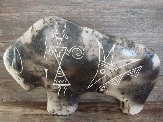 Native American Pottery Horse Hair Buffalo Sculpture by Yellow Corn