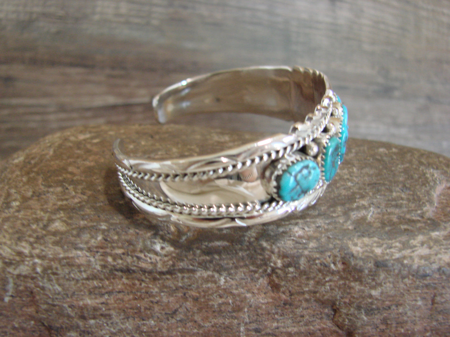 Native American Sterling Silver & Turquoise Row Bracelet by White Goat