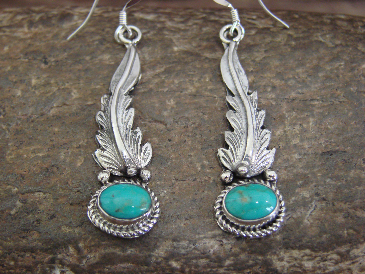 Native American Sterling Silver Turquoise Feather Dangle Earrings by Largo