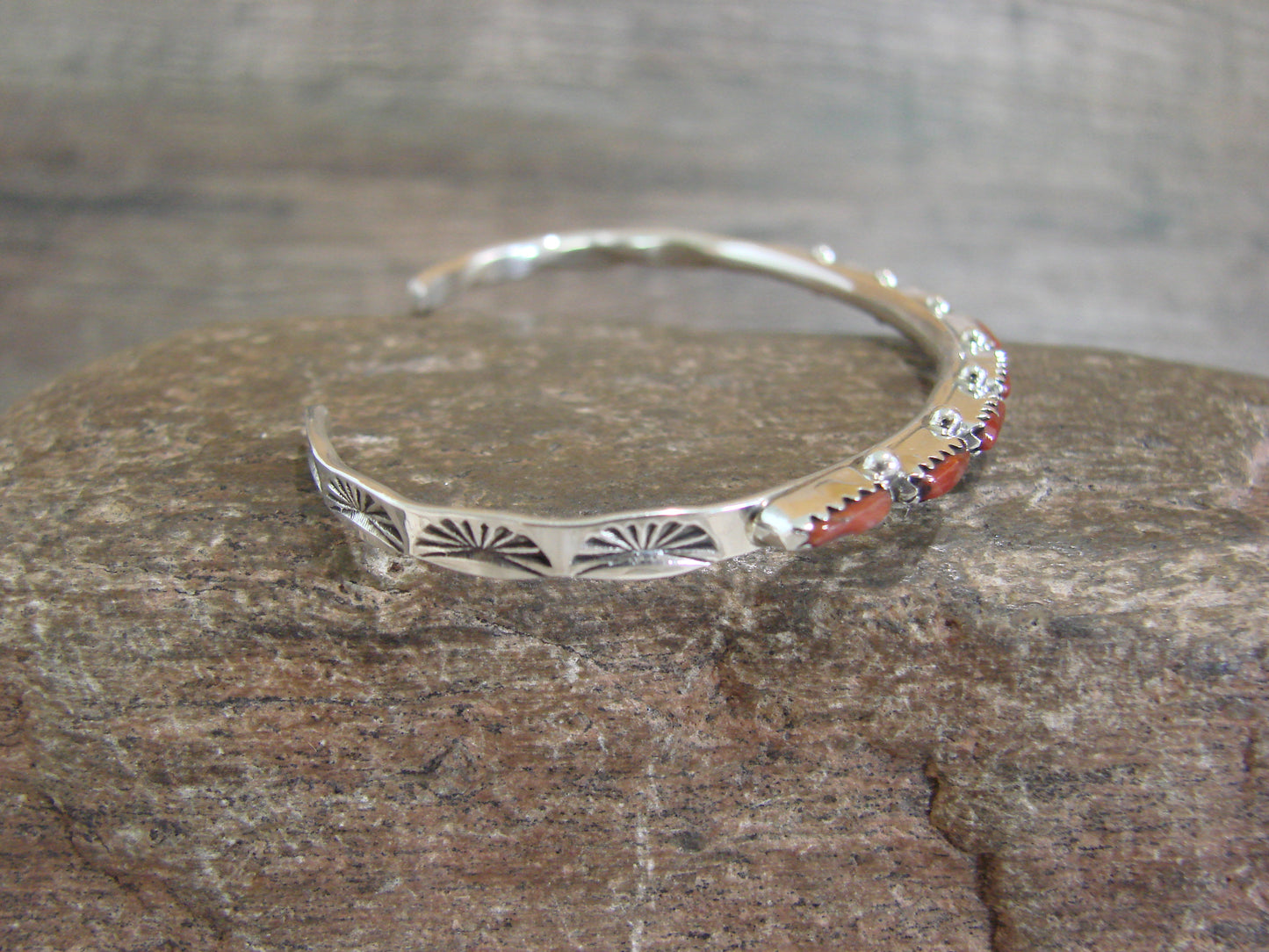 Native American Indian Sterling Silver & Coral Row Bracelet Signed Hannaweeka