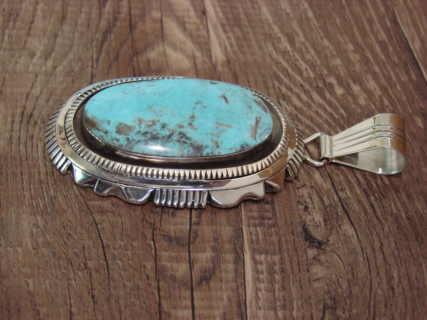 Native American Sterling Silver & Turquoise Shadowbox Pendant Signed Belin