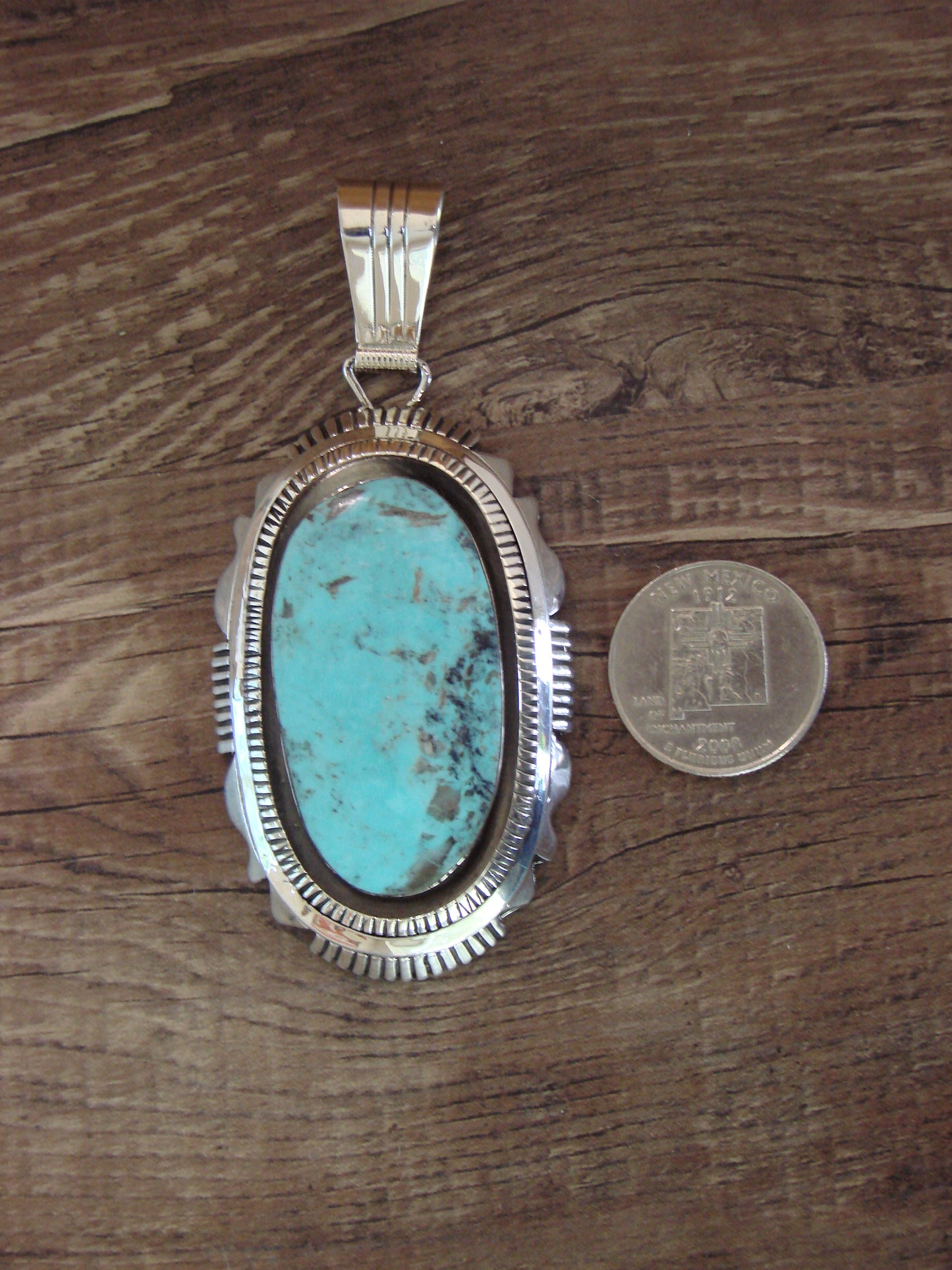 Native American Sterling Silver & Turquoise Shadowbox Pendant Signed Belin