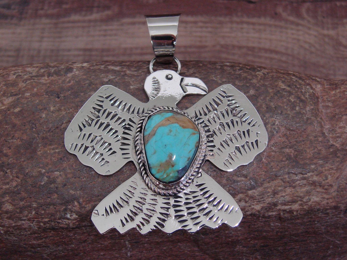 Native American Nickel Silver & Turquoise Thunderbird Pendant - Cleveland