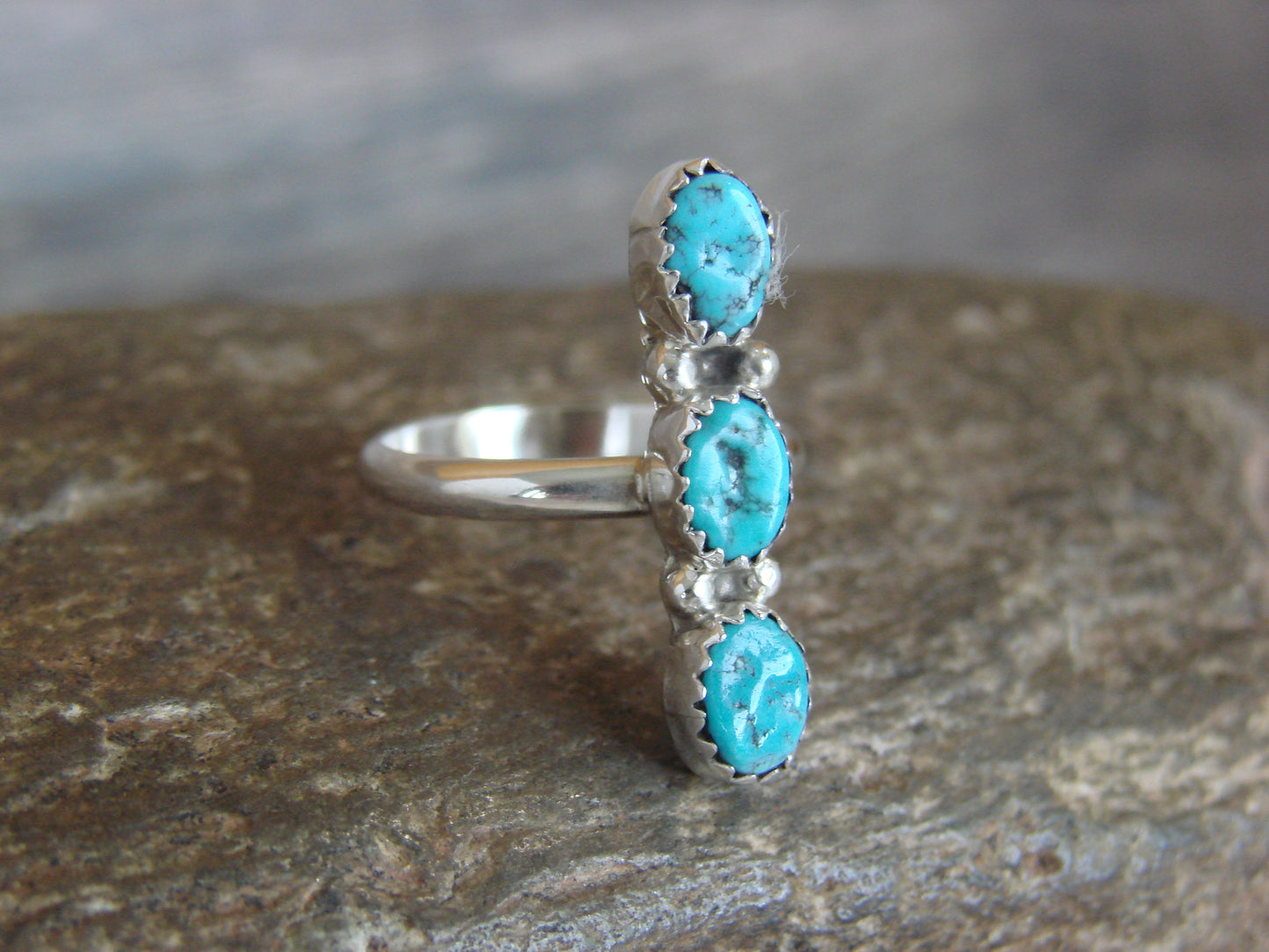 Native American Sterling Silver & Turquoise Row Ring by Yazzie - Size 7