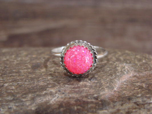 Native American Sterling Silver & Pink Opal Ring by White - Size 7.5