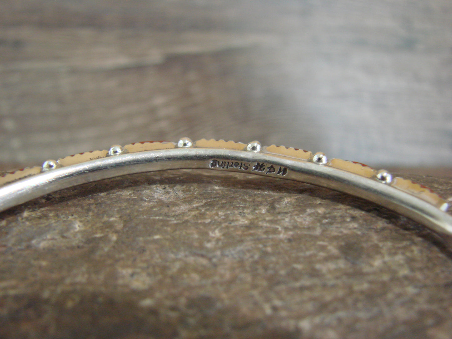 Native American Indian Sterling Silver & Coral Row Bracelet Signed Hannaweeka