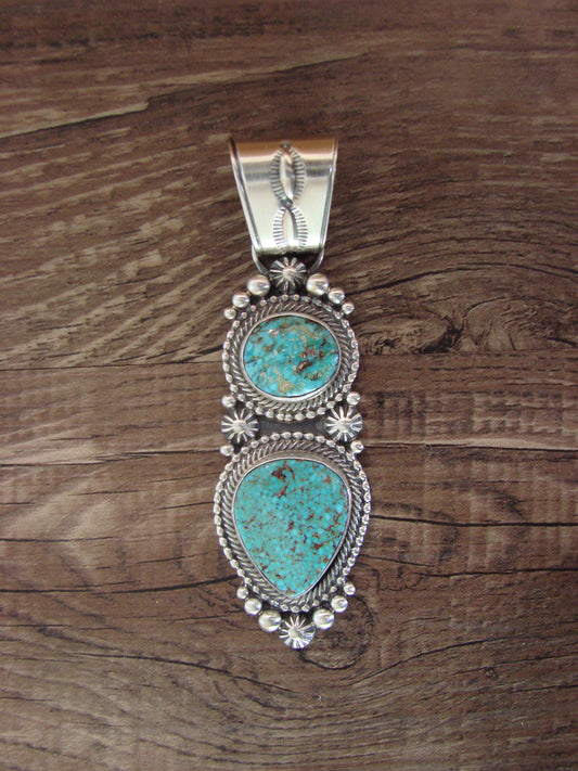 Native American Sterling Silver & Kingman Turquoise Pendant Signed Lewis