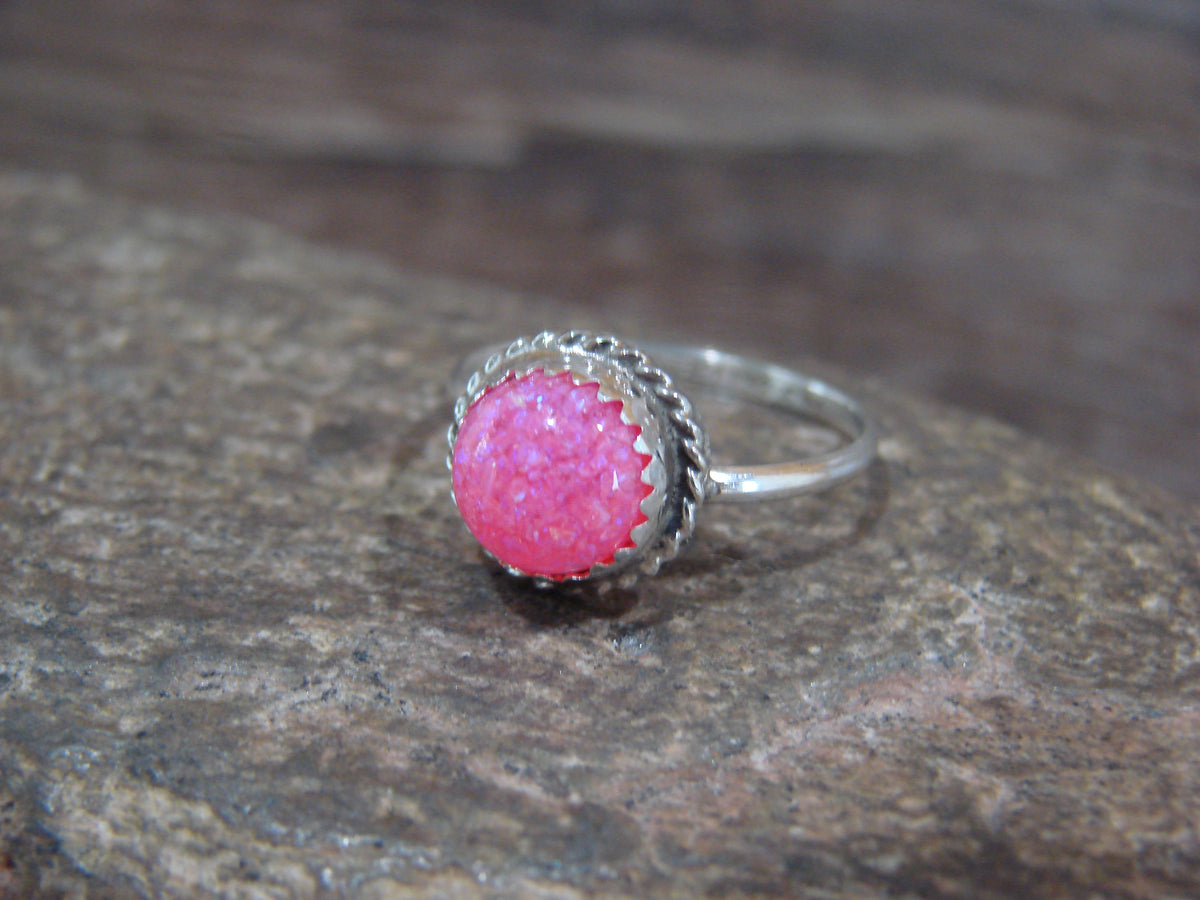 Native American Sterling Silver & Pink Opal Ring by White - Size 7