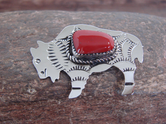Native American Nickel Silver & Coral Buffalo Pin - Cleveland