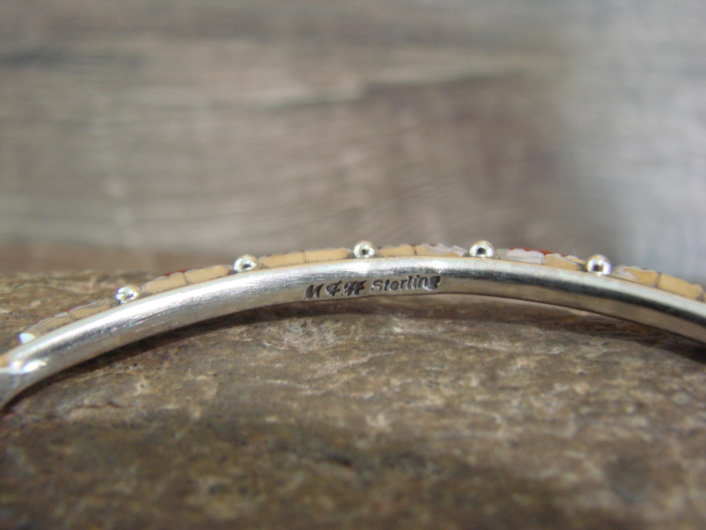 Native American Indian Sterling Silver & Coral Row Bracelet Signed Hannaweeka
