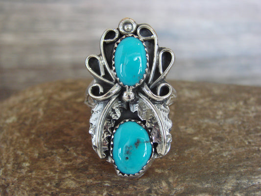 Native American Sterling Silver & Turquoise Feather Ring by Yazzie - Size 9