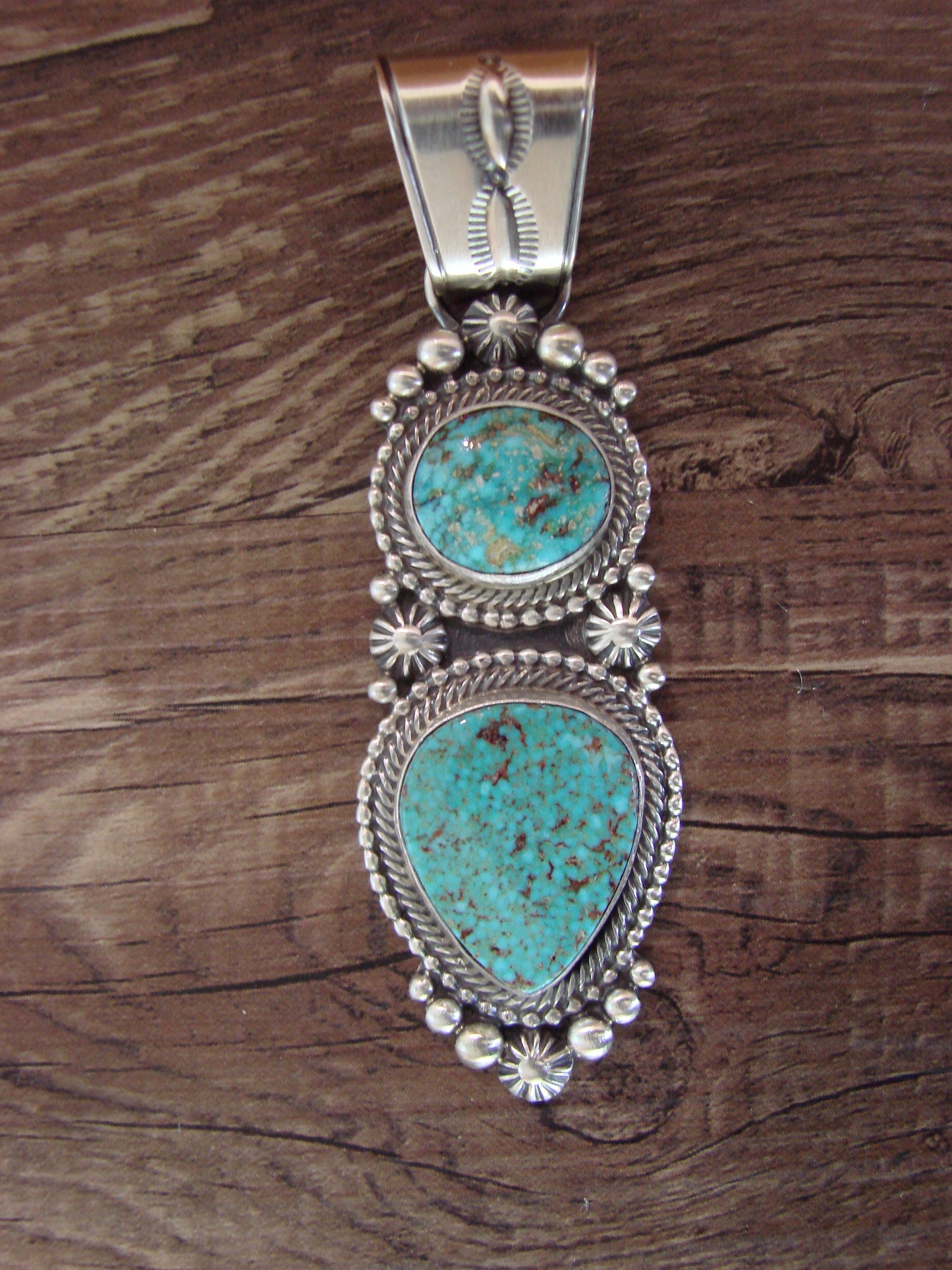 Native American Sterling Silver & Kingman Turquoise Pendant Signed Lewis