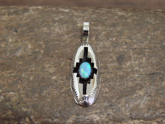 Native American Indian Sterling Silver & Blue Opal Shadow Box Pendant - Perry