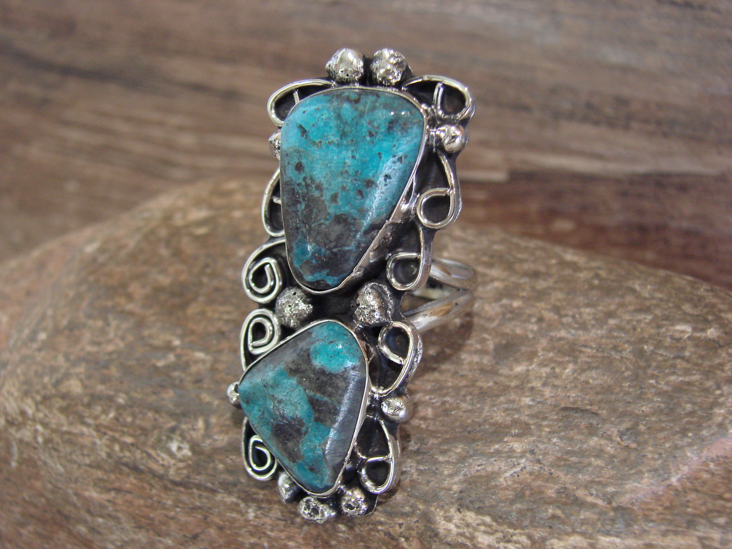 Native American Nickel Silver & Turquoise Ring by Cleveland - Size 10.5