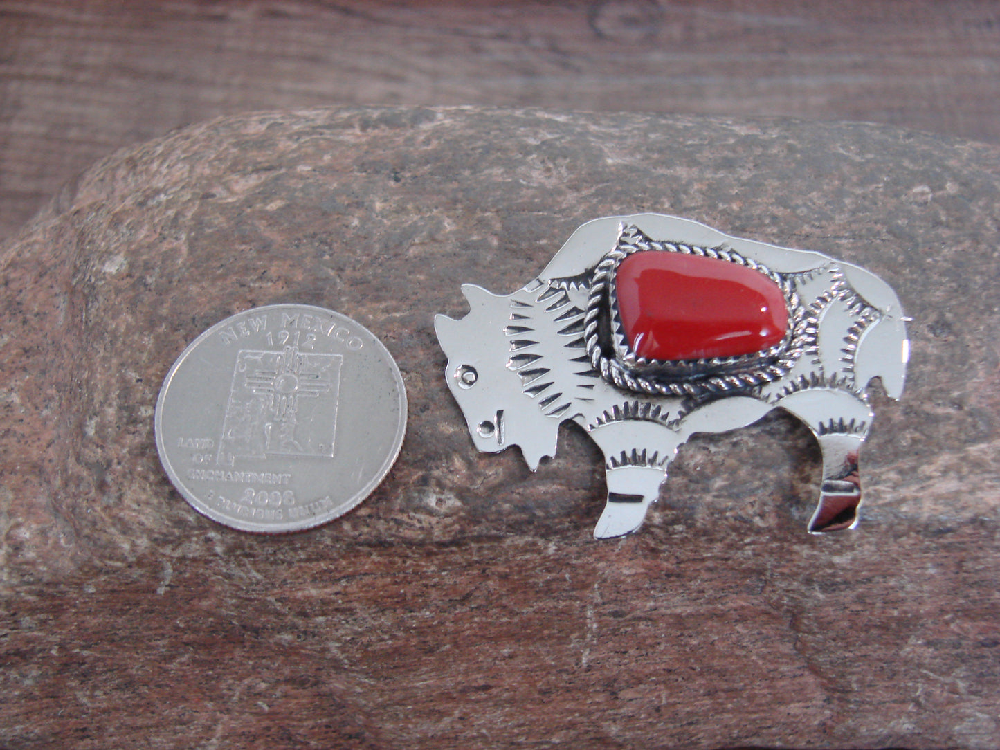 Native American Nickel Silver & Coral Buffalo Pin - Cleveland