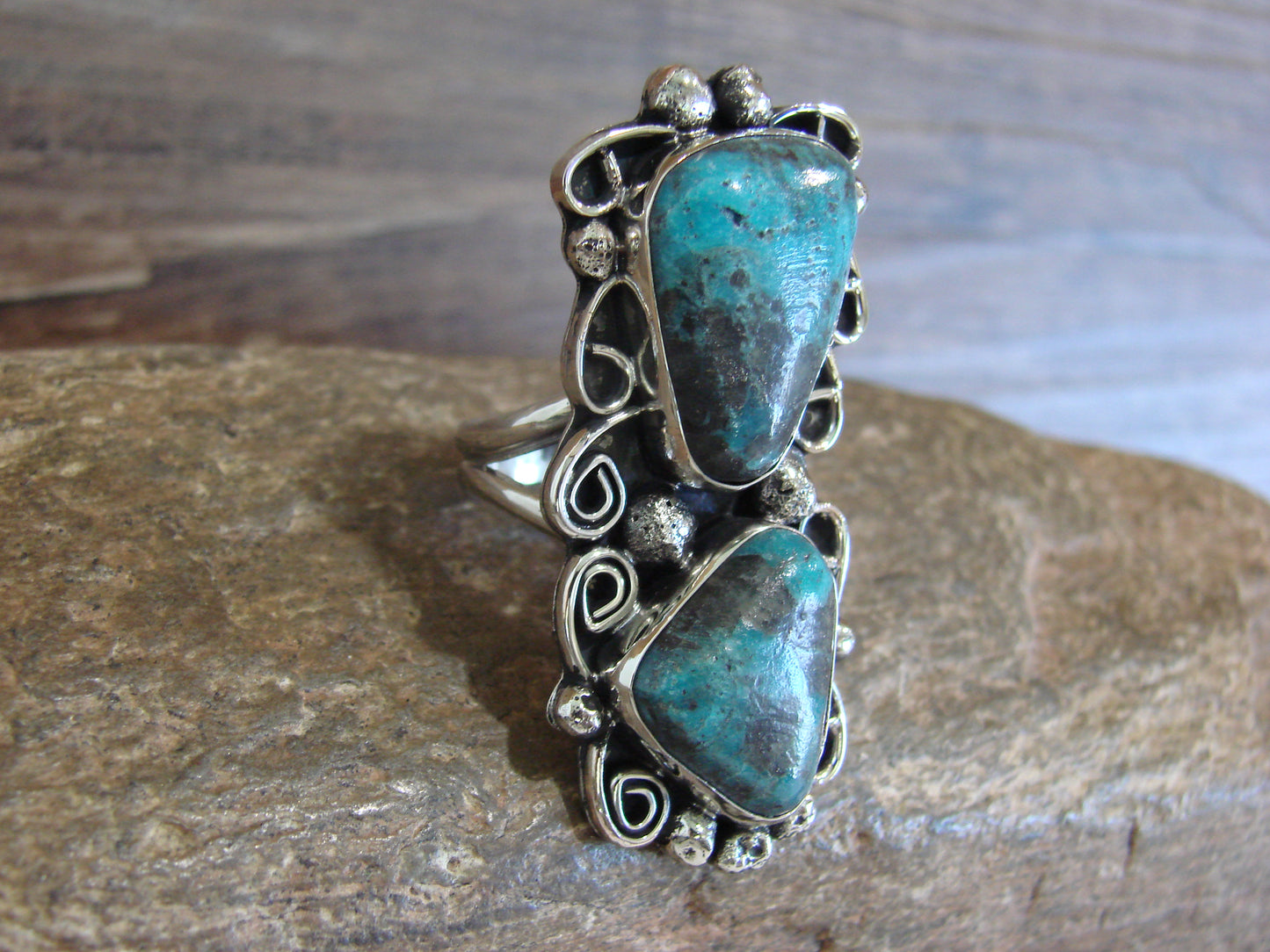 Native American Nickel Silver & Turquoise Ring by Cleveland - Size 10.5