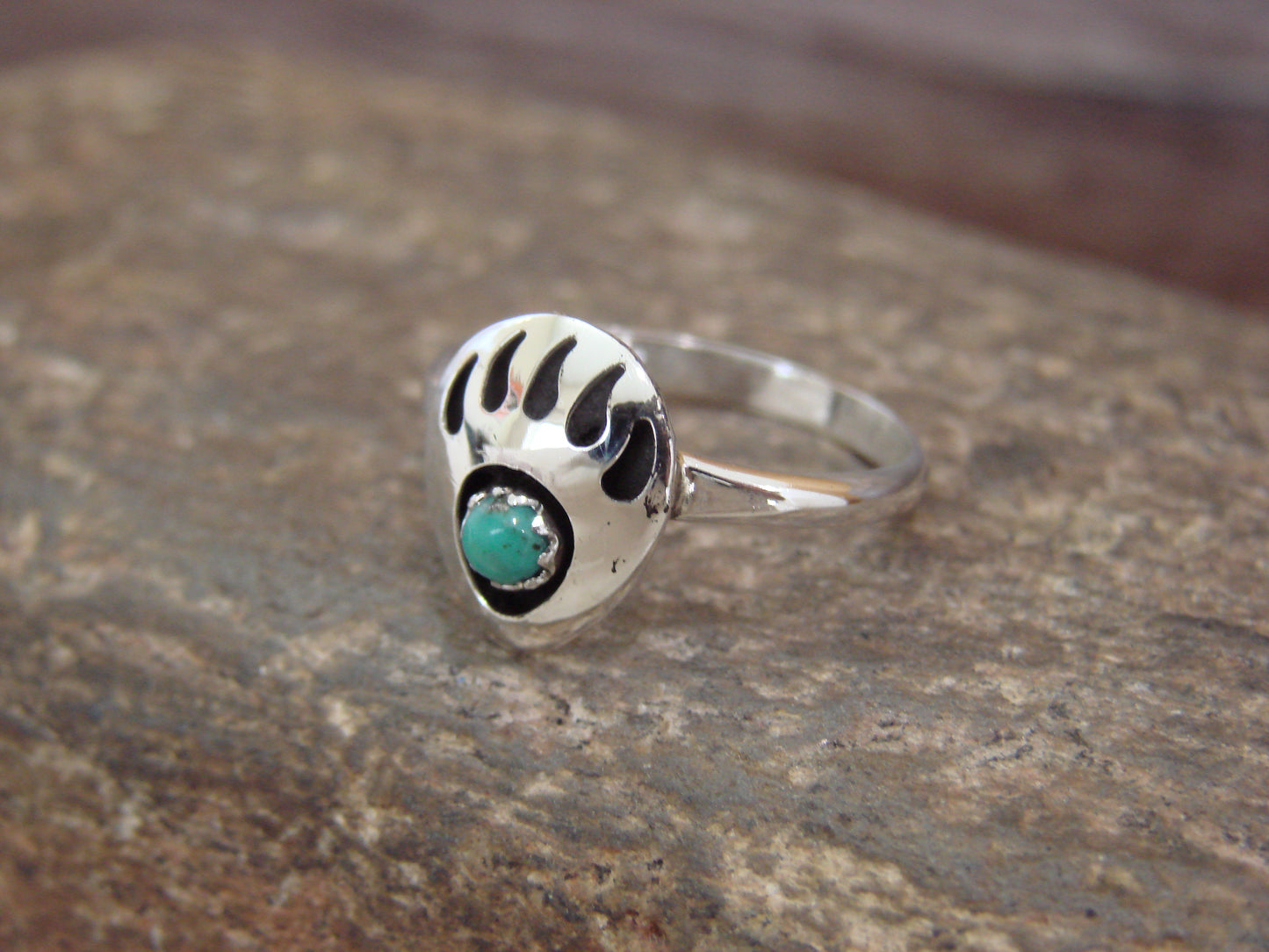 Native American Sterling Silver Turquoise Bear Paw Ring by Parker - Size 6