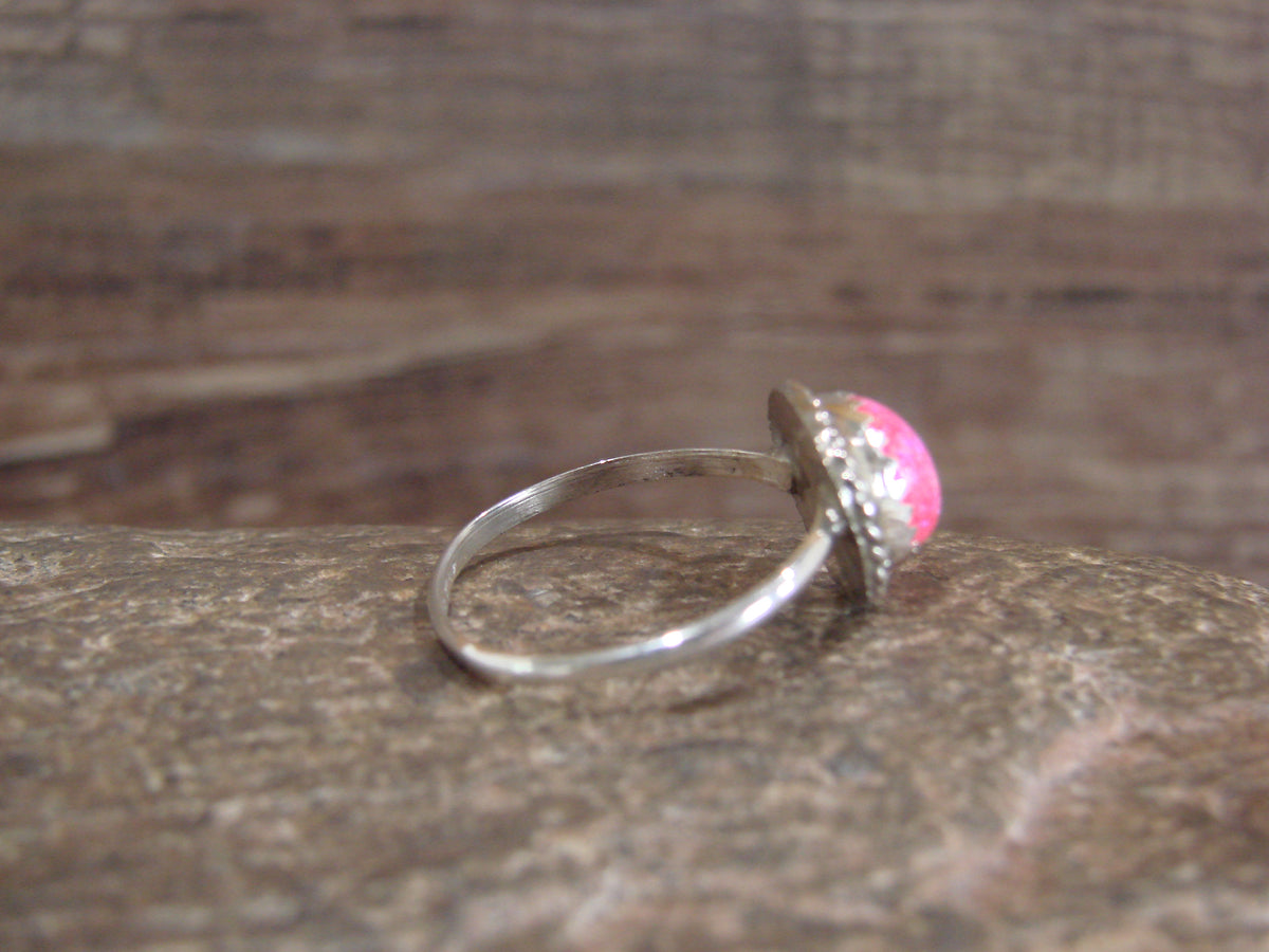 Native American Sterling Silver & Pink Opal Ring by White - Size 7
