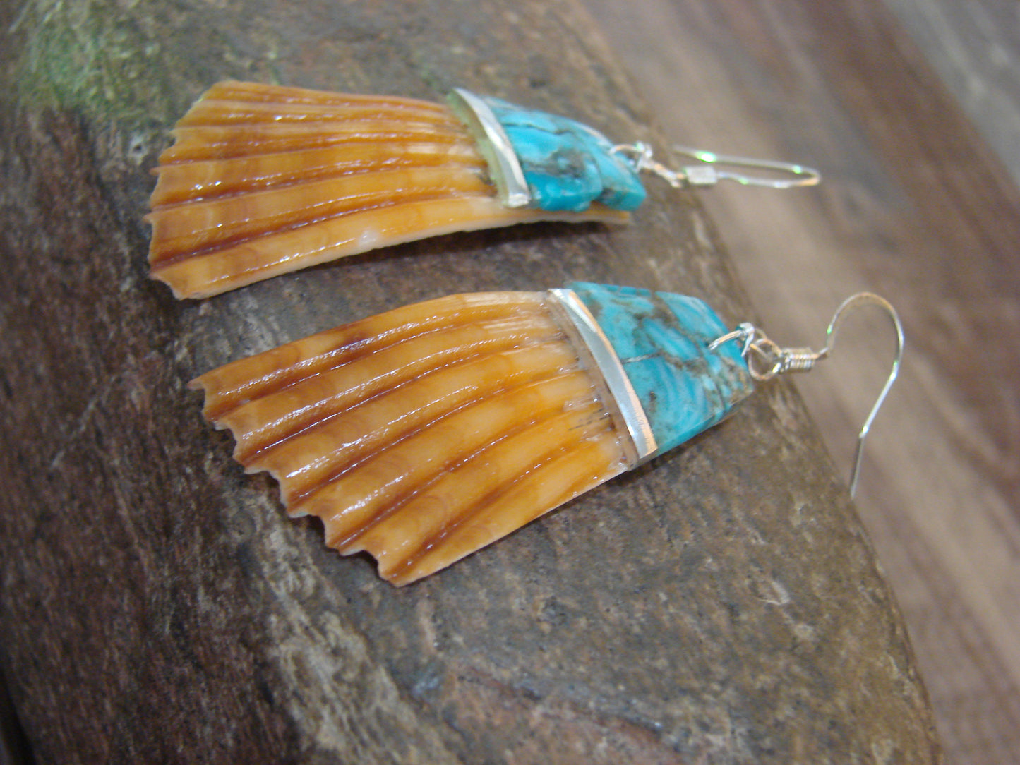 Native American Turquoise Inlay Shell Dangle Earrings - Aguilar