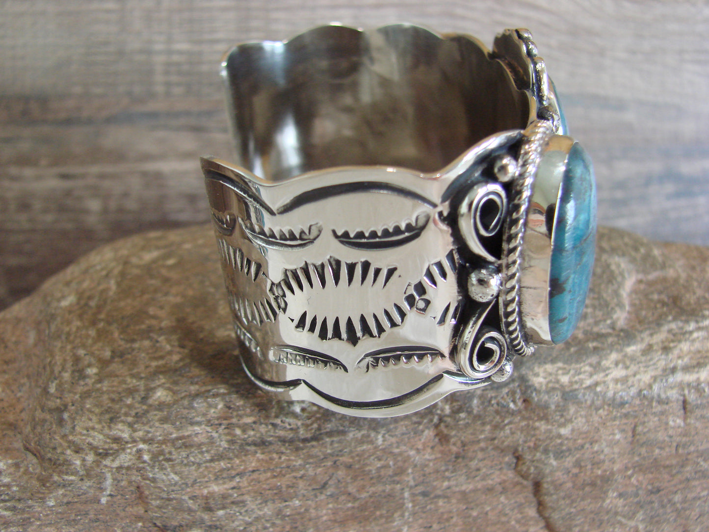 Native American Indian Nickel Silver & Turquoise Bracelet by Cleveland