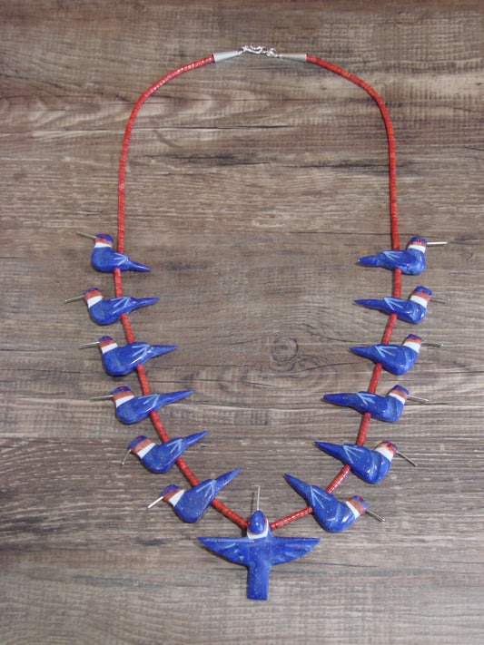 Hand Carved Lapis & Coral Hummingbird Fetish Necklace by Mitchell