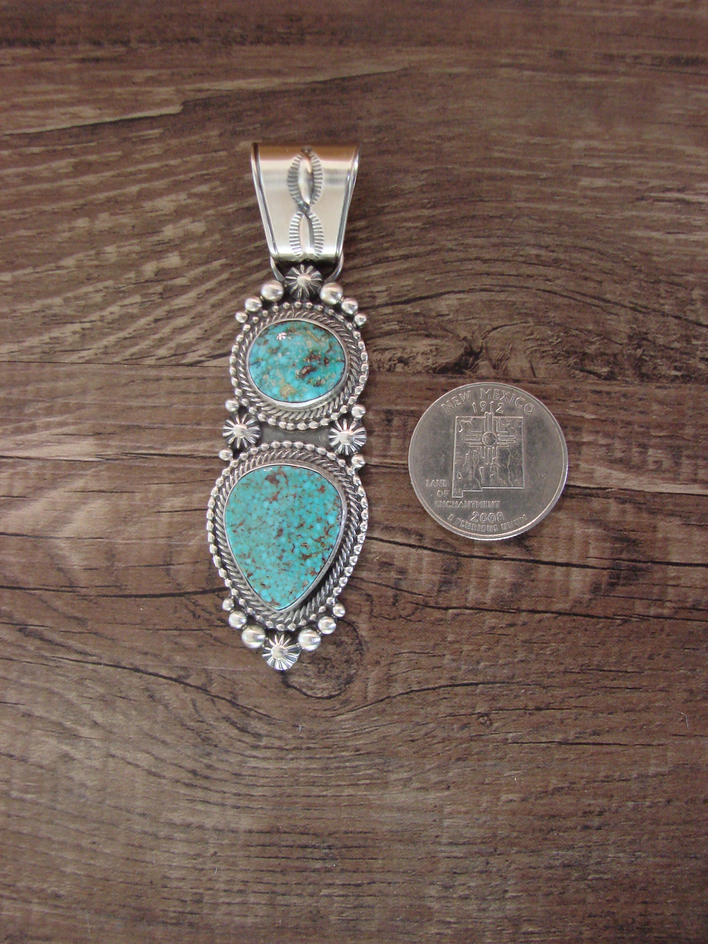 Native American Sterling Silver & Kingman Turquoise Pendant Signed Lewis
