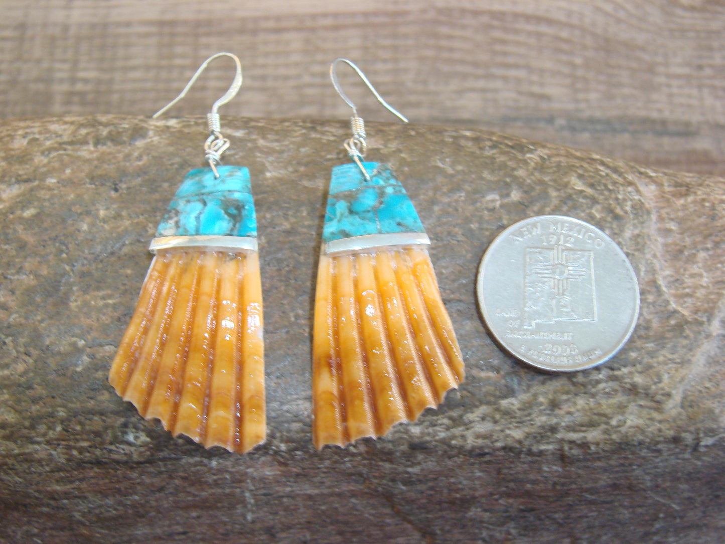Native American Turquoise Inlay Shell Dangle Earrings - Aguilar