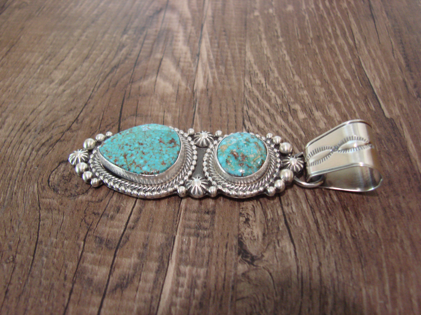 Native American Sterling Silver & Kingman Turquoise Pendant Signed Lewis