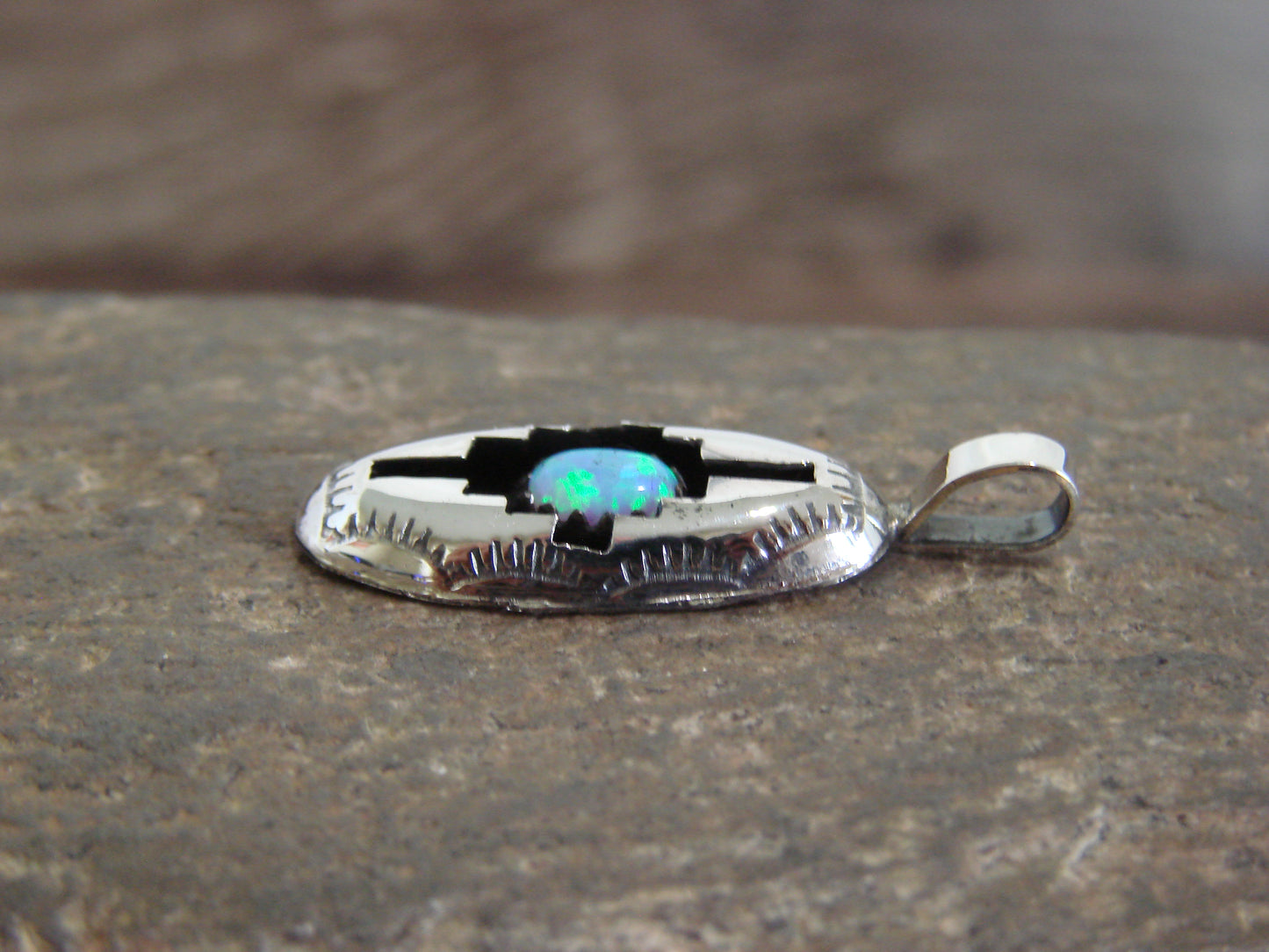 Native American Indian Sterling Silver & Blue Opal Shadow Box Pendant - Perry