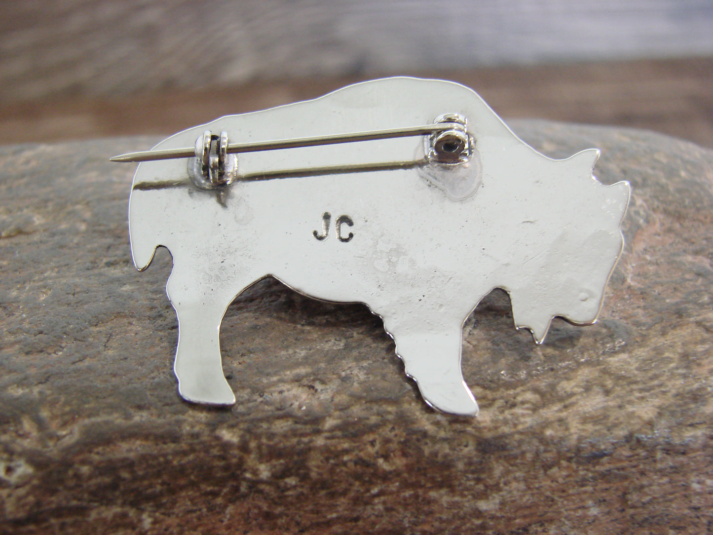 Native American Nickel Silver & Coral Buffalo Pin - Cleveland