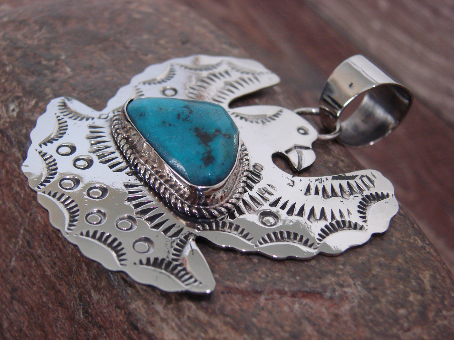 Native American Nickel Silver & Turquoise Eagle Pendant - Cleveland