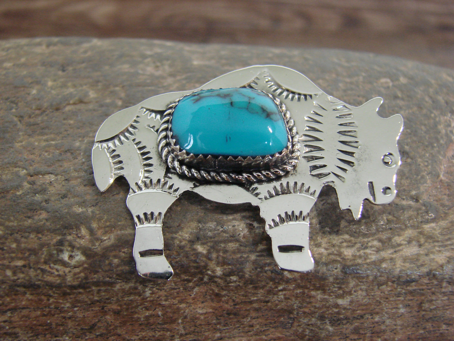 Native American Nickel Silver & Turquoise Buffalo Pin - Cleveland