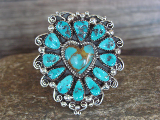 Native American Sterling Silver & Turquoise Cluster Heart Ring - Begay - Size 11