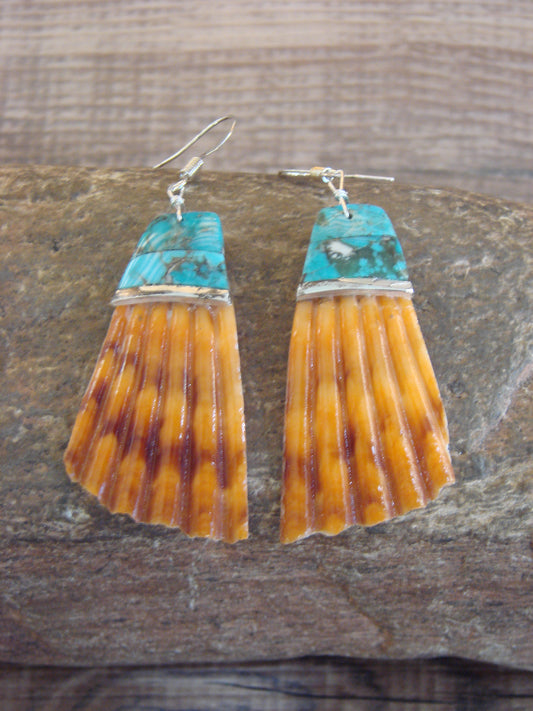 Native American Turquoise Inlay Shell Dangle Earrings - Aguilar