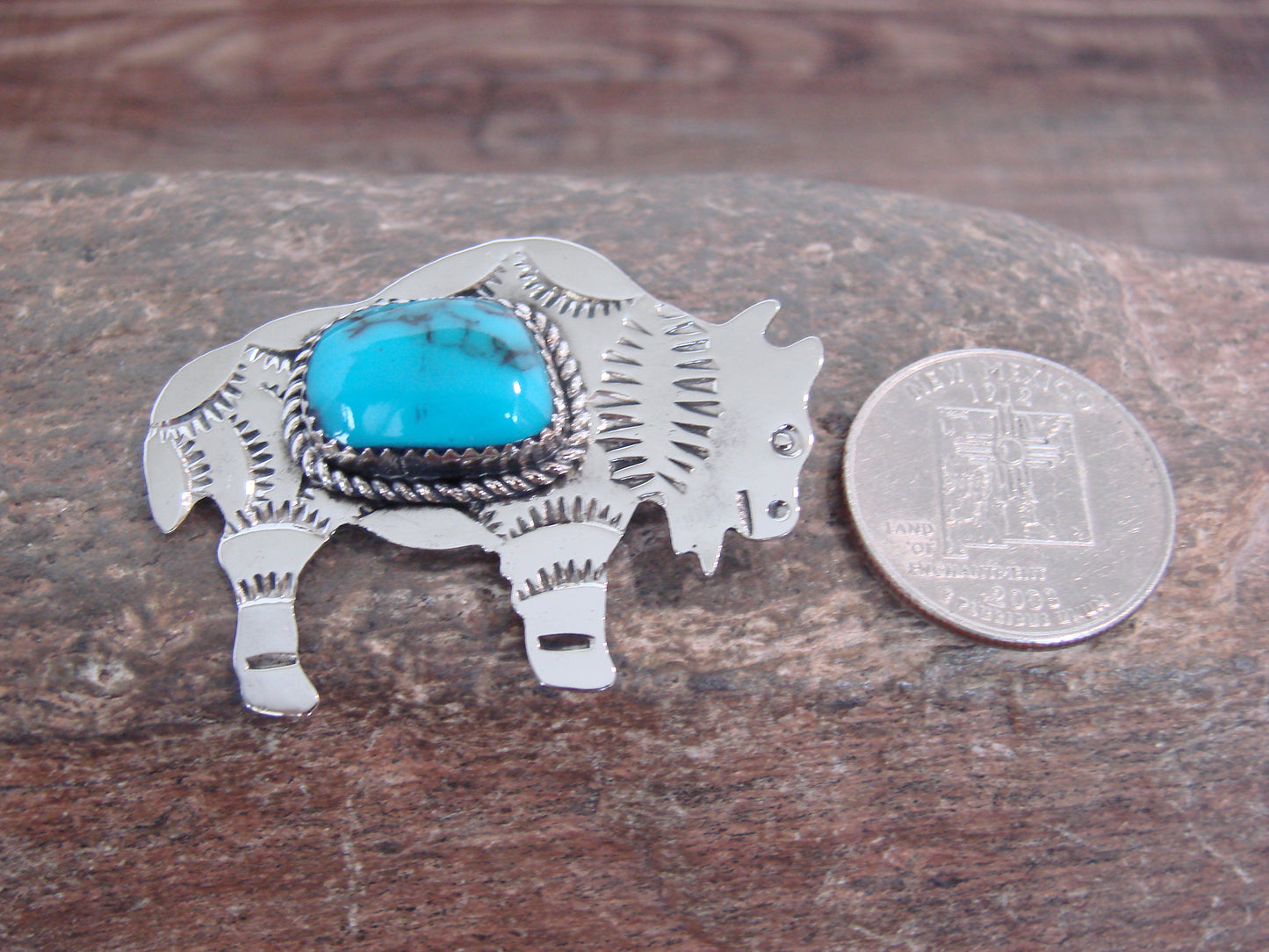 Native American Nickel Silver & Turquoise Buffalo Pin - Cleveland
