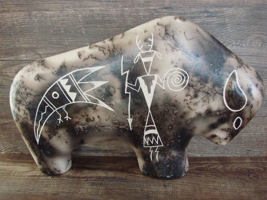 Native American Pottery Horse Hair Buffalo Sculpture by Yellow Corn