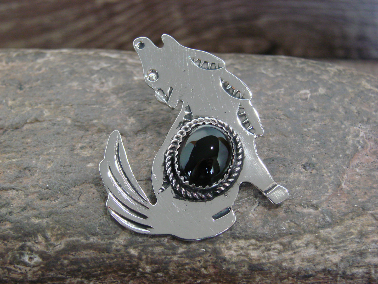Native American Nickel Silver & Onyx Coyote Pendant - Cleveland