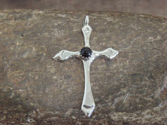 Native American Sterling Silver & Onyx Cross Pendant by Bekis