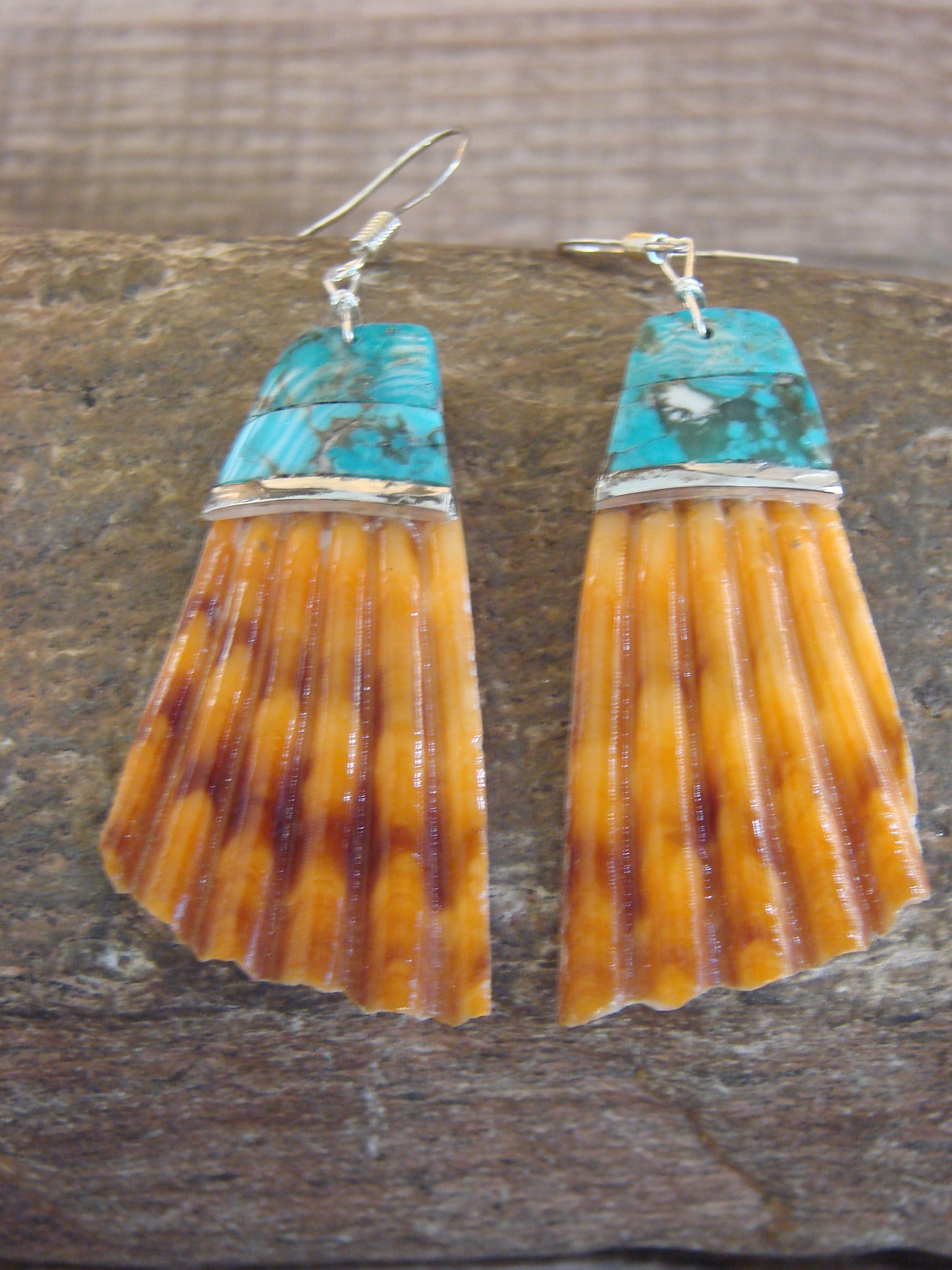 Native American Turquoise Inlay Shell Dangle Earrings - Aguilar