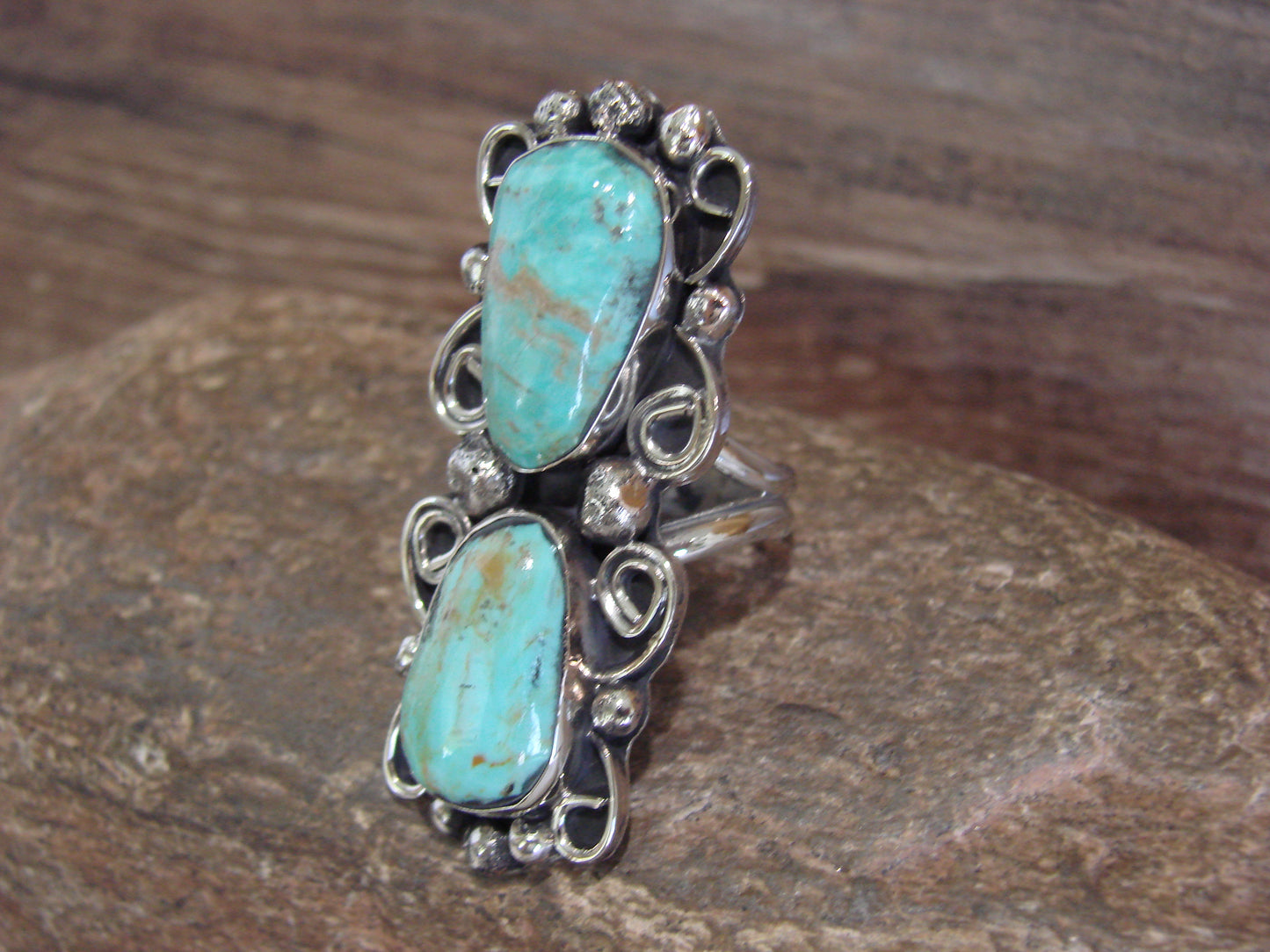 Native American Nickel Silver & Turquoise Ring by Cleveland - Size 8.5