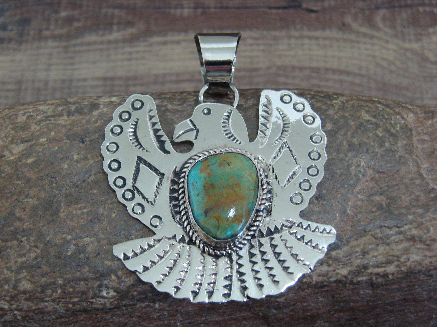Native American Nickel Silver & Turquoise Eagle Pendant - Cleveland