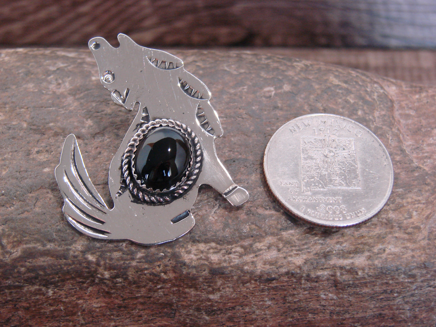 Native American Nickel Silver & Onyx Coyote Pendant - Cleveland