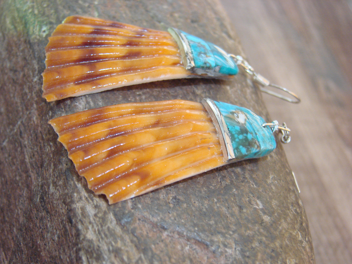 Native American Turquoise Inlay Shell Dangle Earrings - Aguilar
