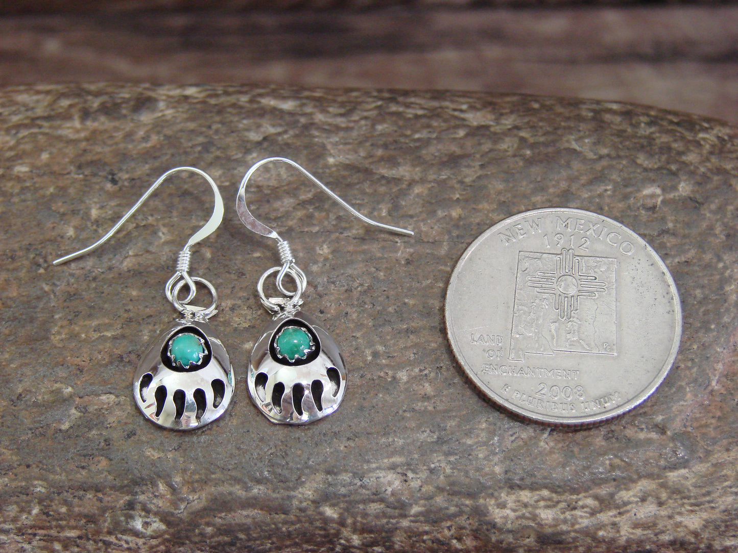 Native American Sterling Silver & Turquoise Bear Paw Dangle Earrings - Parker