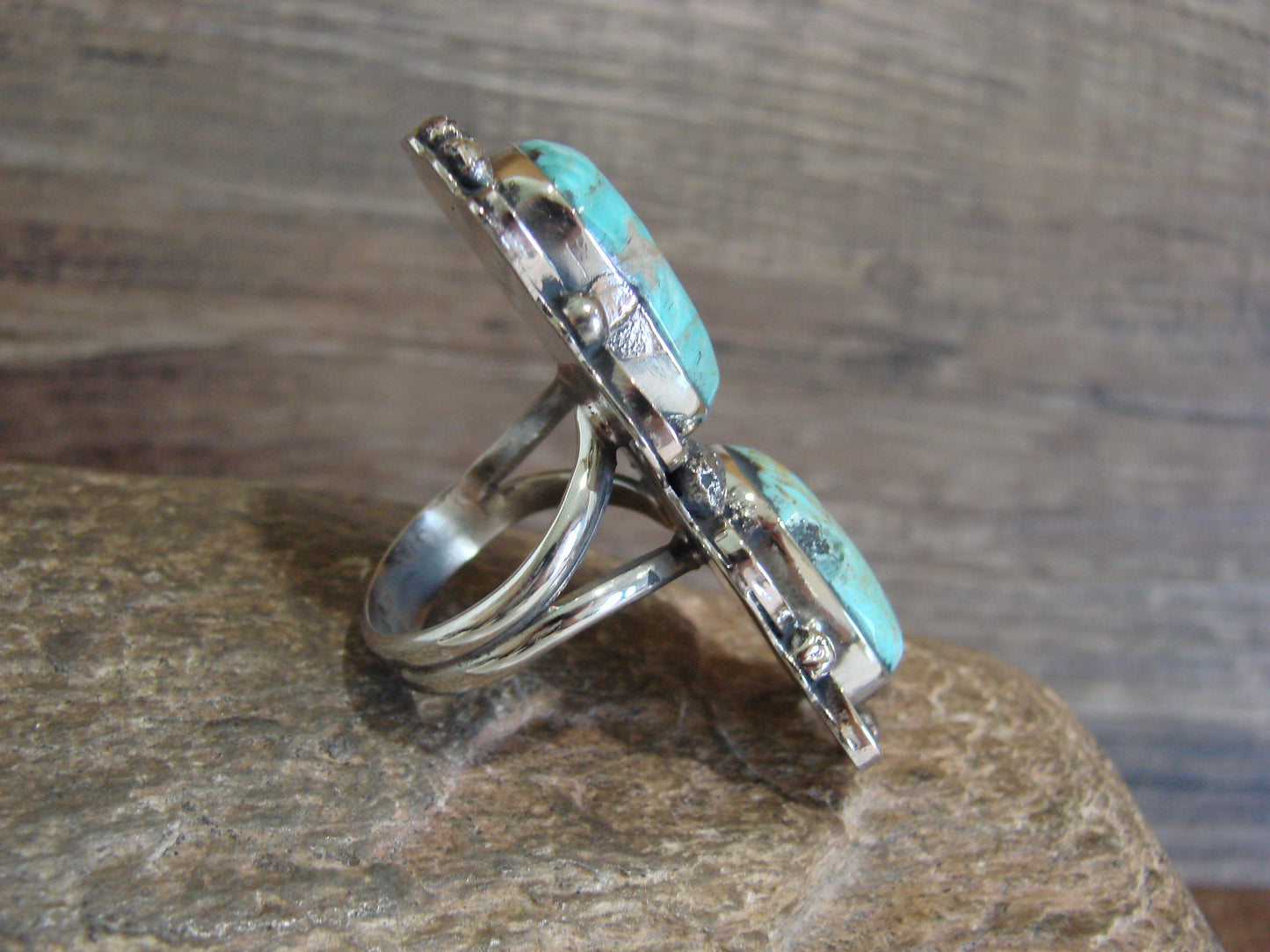 Native American Nickel Silver & Turquoise Ring by Cleveland - Size 8.5