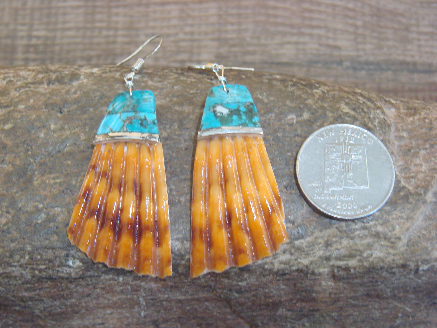 Native American Turquoise Inlay Shell Dangle Earrings - Aguilar