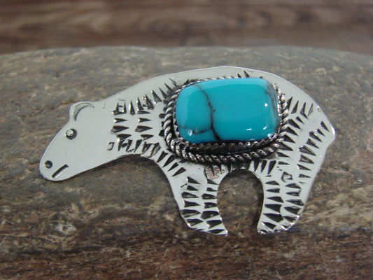 Native American Nickel Silver & Turquoise Bear Pin - Cleveland
