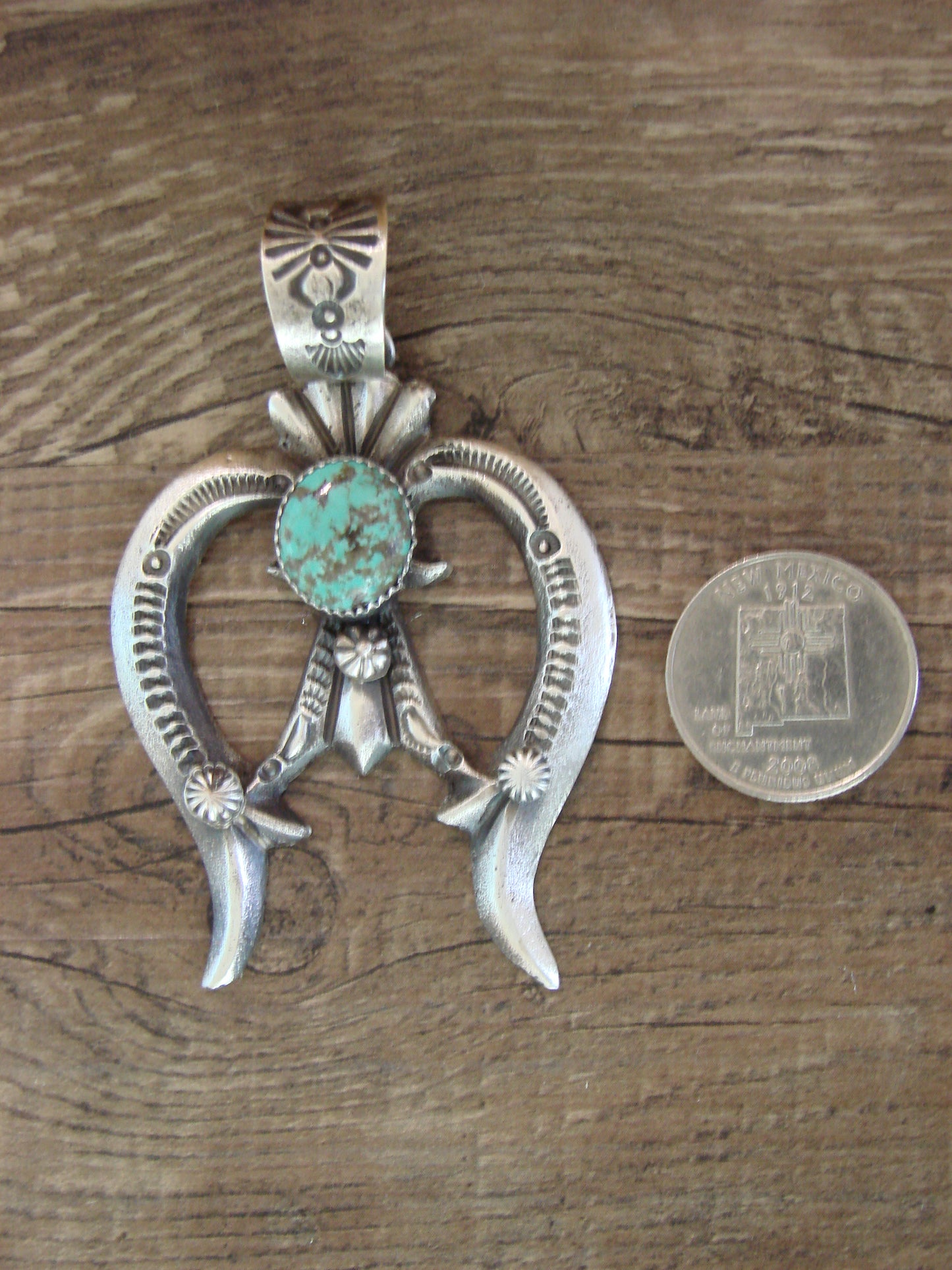 Native American Sterling Silver & Turquoise Cast Naja Pendant Signed Billah