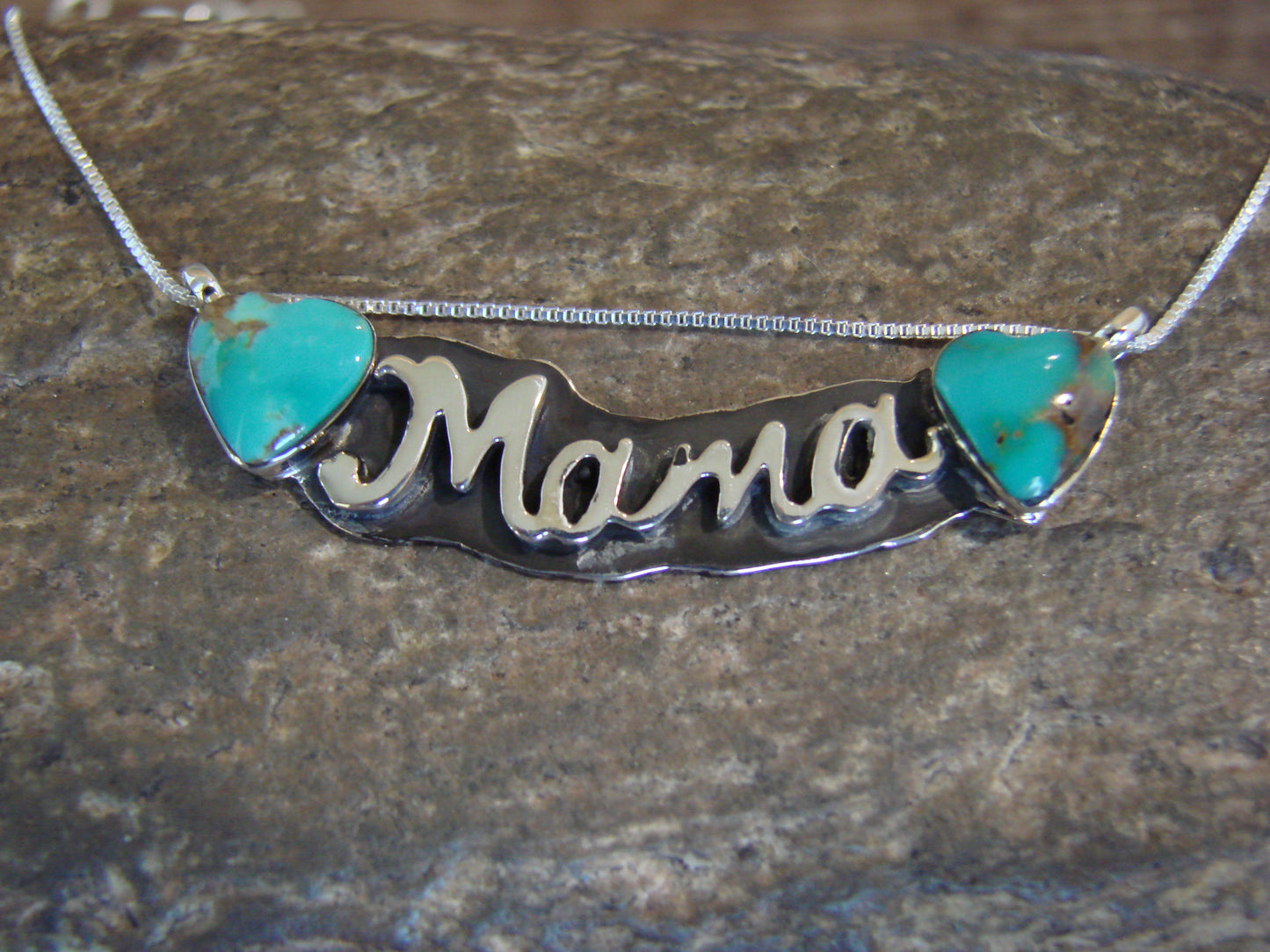 Native American Sterling Silver & Turquoise Heart Mama Necklace Signed Yazzie